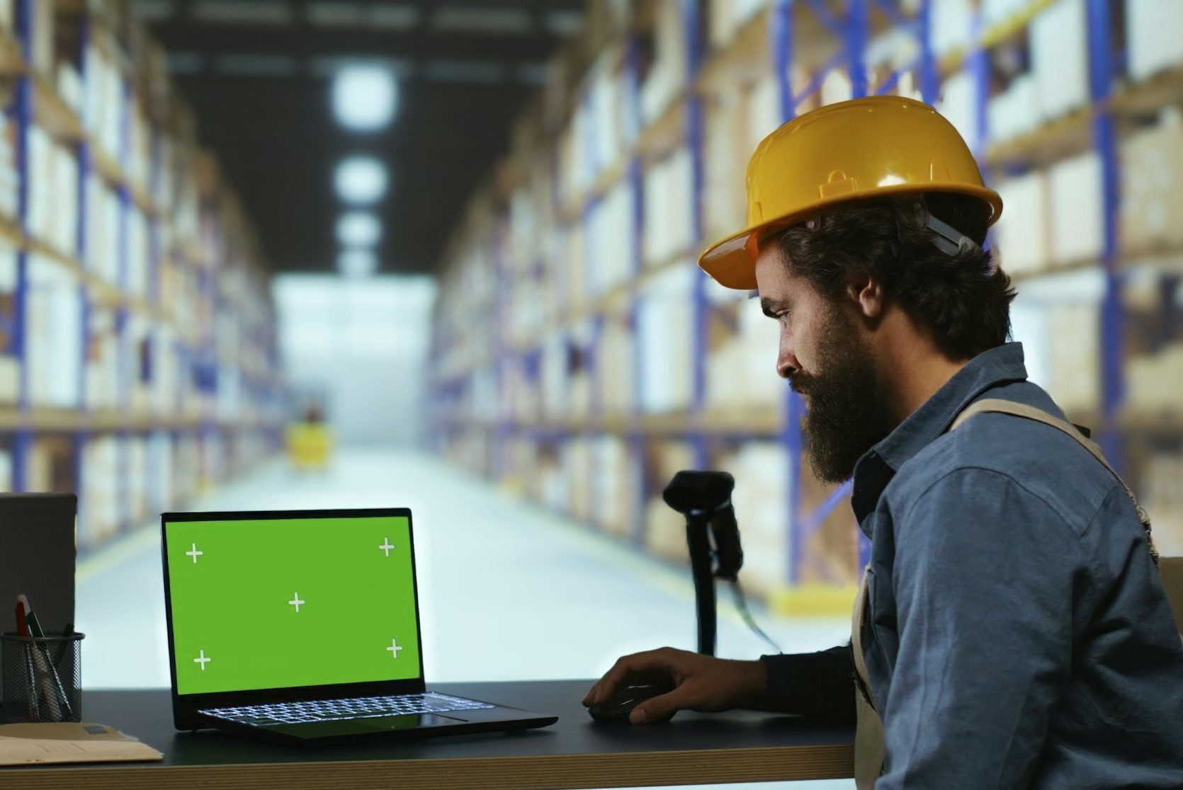 Customs compliance officer uses greenscreen pc in warehouse